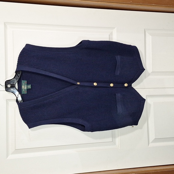 Orvis 100% Shetland wool vest - metal buttons - L - navy blue